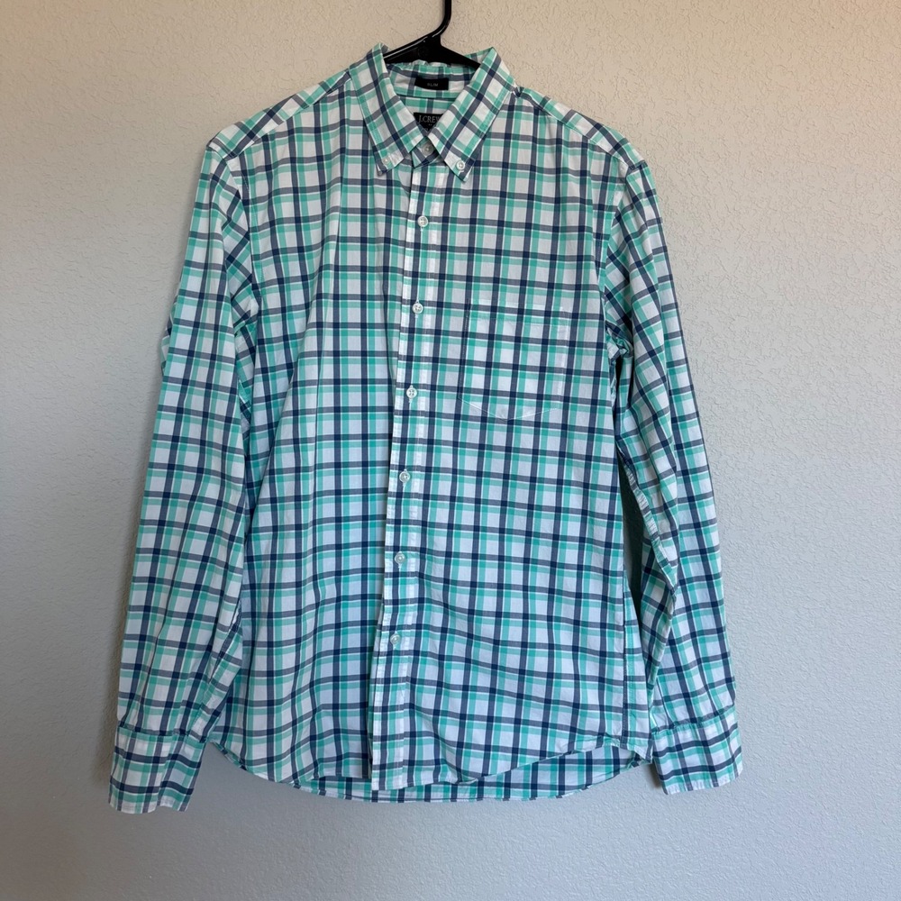 J.Crew Slim Flex Washed Plaid Button Down Shirt Mens Medium Turquoise Navy White